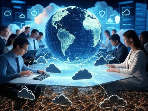 Businesspeople working on cloud and global data network in a high-tech conference room.