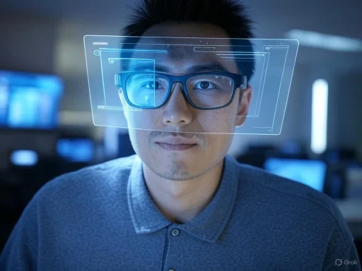A person wearing glasses interacts with a transparent digital interface projected in front of them.
