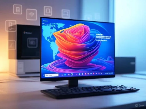 A modern computer setup with a curved monitor displaying a colorful, abstract digital design and a keyboard on a desk.