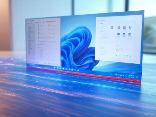A modern monitor displaying a Windows desktop, placed on a reflective, colorful surface with a blurred background.