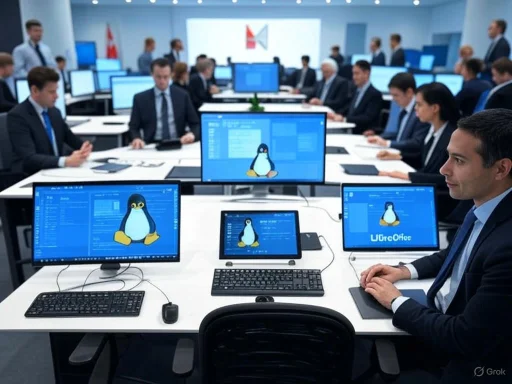A conference room filled with business professionals working on computers featuring the Linux mascot, Tux, on their screens.