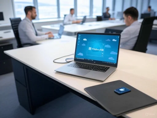 Laptop and phone on a desk in a modern office meeting room with several people working on laptops.