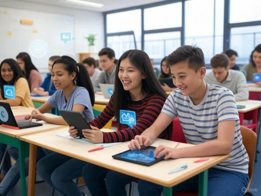 Students in a classroom are engaged with tablets, smiling and enjoying a tech-based lesson.