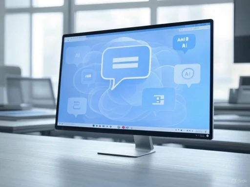 Computer monitor displaying AI and chat-related speech bubbles in a modern office setting. Computer monitor displaying AI and chat-related speech bubbles in a modern office setting.