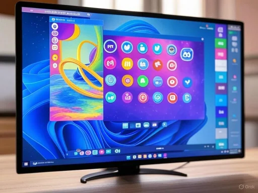 A computer monitor displaying a colorful digital interface with various app icons and menus.