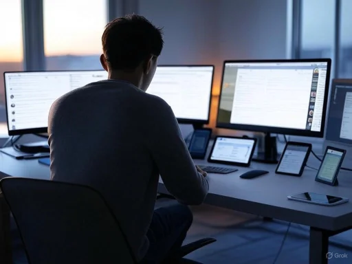 A person working at a desk with multiple monitors and tablets in an office during sunset.