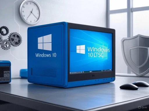 A compact PC running Windows 10 LTSC displayed on a desk with a clock, gears, shield, and a mouse.