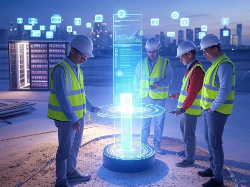 Construction workers with safety vests and helmets observe a holographic digital display on a construction site rooftop. Construction workers with safety vests and helmets observe a holographic digital display on a construction site rooftop.