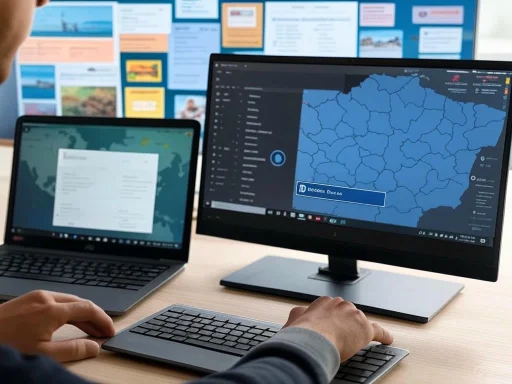 A person working on a computer with a map of Hungary and a GPS navigation interface displayed on the screen.
