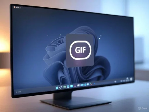 A computer monitor displays a large GIF icon on a dark background.