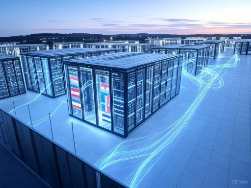 A rooftop data center with glass-enclosed server racks illuminated by blue lights and digital data streams flowing around.