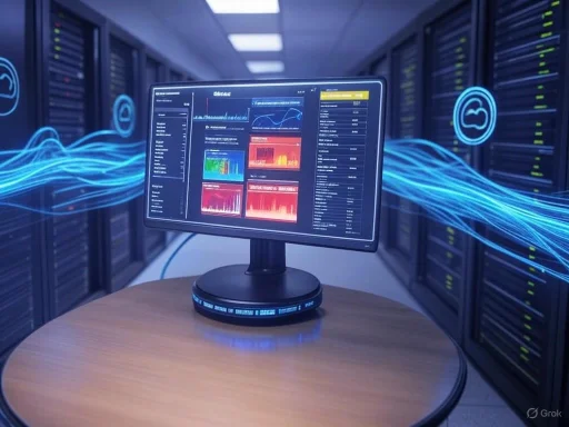 A computer monitor displays data analytics in a server room with cloud-themed digital graphics.