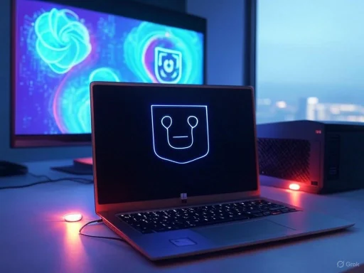 A laptop with a digital face on its screen, placed in front of a colorful, futuristic digital display. A laptop with a digital face on its screen, placed in front of a colorful, futuristic digital display.