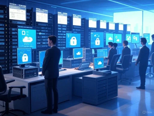 A high-tech data center with professionals monitoring secure cloud and cybersecurity systems on multiple screens.