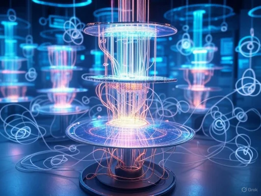 A futuristic, illuminated holographic display with glowing, floating rings and tangled light streams.