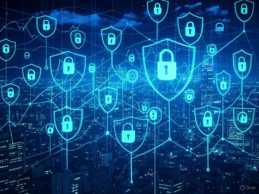 Digital security concept with interconnected shields and padlocks over a city skyline. Digital security concept with interconnected shields and padlocks over a city skyline.