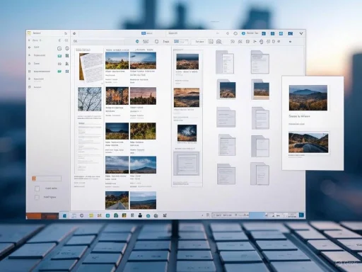 A computer screen displays a file management interface with images and documents, with a keyboard beneath it. A computer screen displays a file management interface with images and documents, with a keyboard beneath it.