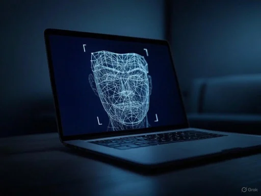 A digital human face rendered in wireframe on a laptop screen in a dark room.