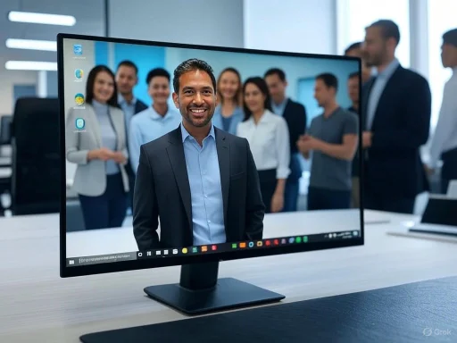 A man appears on a computer monitor, with a group of smiling colleagues in the background.