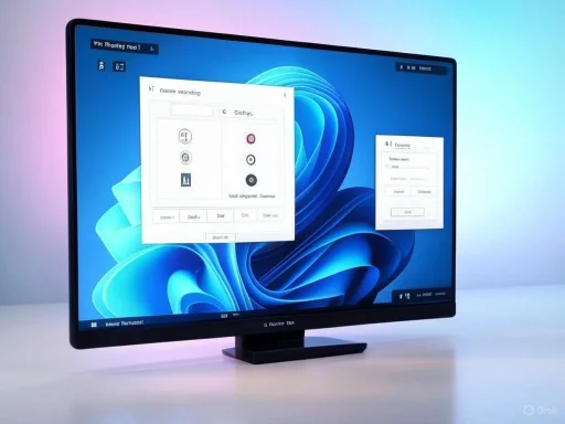 A computer monitor displays a Windows 11 desktop with open application windows against a pastel-colored background.