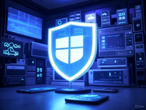 A futuristic digital shield icon representing cybersecurity, surrounded by multiple screens and devices in a high-tech environment.