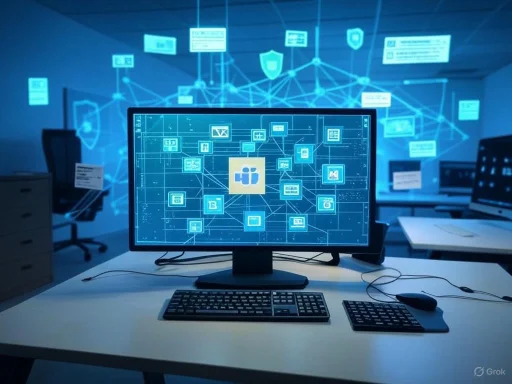 A computer monitor displays a digital network connected to Slack, with a tech office background featuring floating data icons.