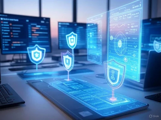 Digital security shields overlay a futuristic control room with multiple monitors and data analytics displays. Digital security shields overlay a futuristic control room with multiple monitors and data analytics displays.
