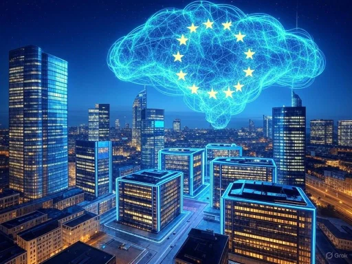 A city skyline with digital neon outlines and a glowing brain-shaped cloud featuring European Union stars.