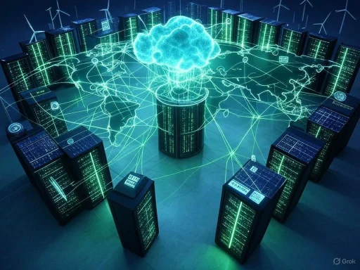 A digital illustration of cloud computing with servers, data connections, and a glowing cloud at the center.