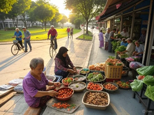 Vendors sell fresh vegetables and flowers at a street market during sunset in a park-like area.