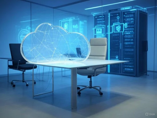 A modern office with a cloud-shaped digital hologram on the table, surrounded by chairs and data servers in the background.