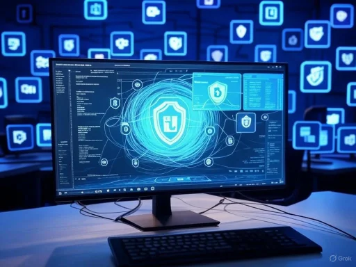 A cybersecurity analyst's workstation displaying digital shield icons and data security graphics on multiple screens.