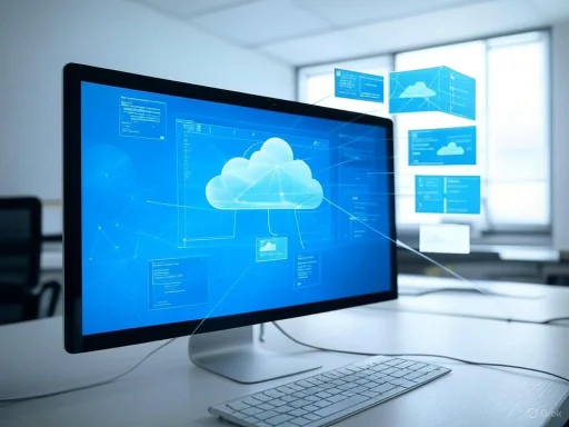 A computer monitor displays a cloud computing or data exchange interface in a modern office setting. A computer monitor displays a cloud computing or data exchange interface in a modern office setting.