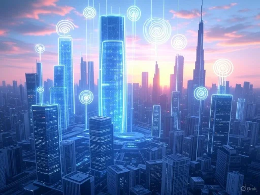 Futuristic city skyline with illuminated buildings and digital signals overlay at sunset.
