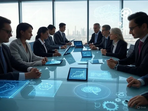 Business professionals in a meeting with holographic data and graphics displayed on a glass table.
