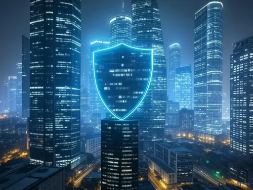 A city skyline at night features illuminated skyscrapers with a neon outline of a shield on one building.