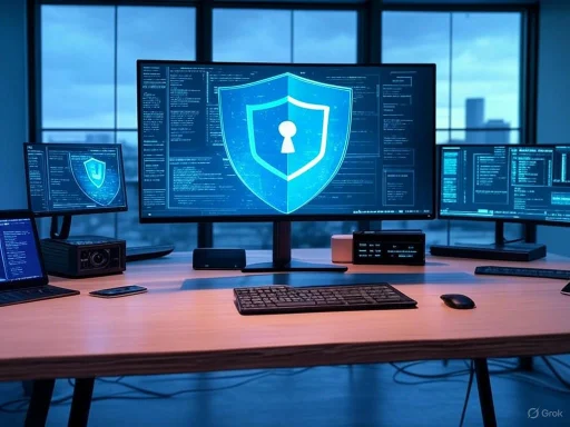A cybersecurity workspace with multiple monitors displaying security shield icons and data screens in a modern office. A cybersecurity workspace with multiple monitors displaying security shield icons and data screens in a modern office.