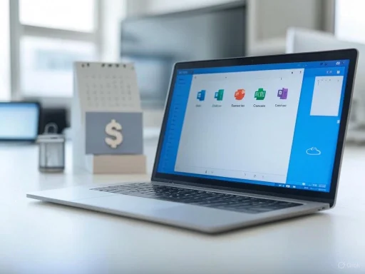 A laptop displaying cloud-based document icons on a bright office desk, with a calendar and window in the background.
