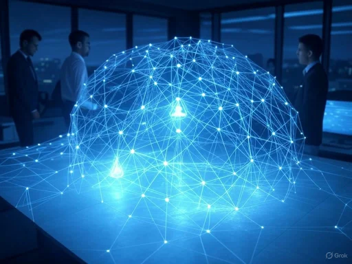 People standing around a digital hologram of a connected neural network in a modern office.