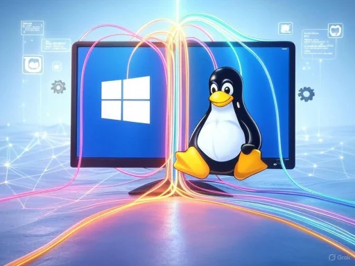 A computer monitor displaying Windows and Linux logos with colorful digital connections and icons around them.