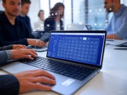 People working on a laptop with futuristic digital interface overlays at a conference table.