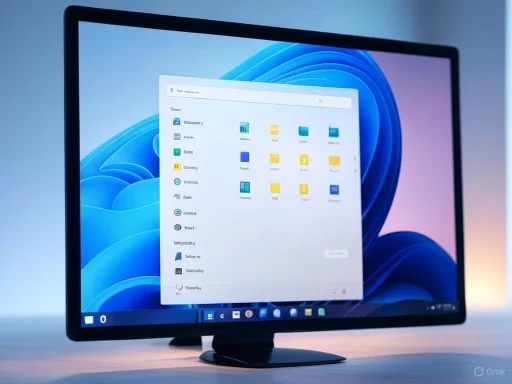 A computer monitor displays the Windows 11 desktop with open folders and a sleek blue background.