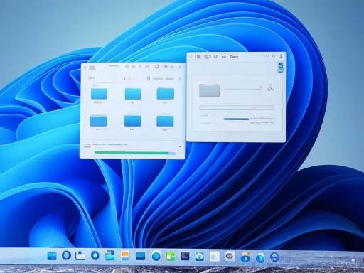 The image shows a computer screen with the Windows 11 desktop, featuring open file explorer windows and a dock at the bottom.