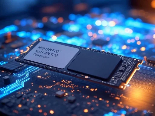 A close-up of a computer circuit board with a solid-state drive (SSD) mounted on it, illuminated by blue and orange lights.
