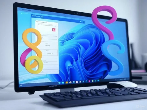 A computer monitor displays a modern desktop with colorful 3D loop graphics and a form open in a web browser.