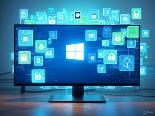 Computer screen displaying a digital lock and security icons, symbolizing cybersecurity or data protection.