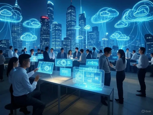 People in an office-like setting are working on digital screens with a cityscape and cloud icons displayed as holograms. People in an office-like setting are working on digital screens with a cityscape and cloud icons displayed as holograms.