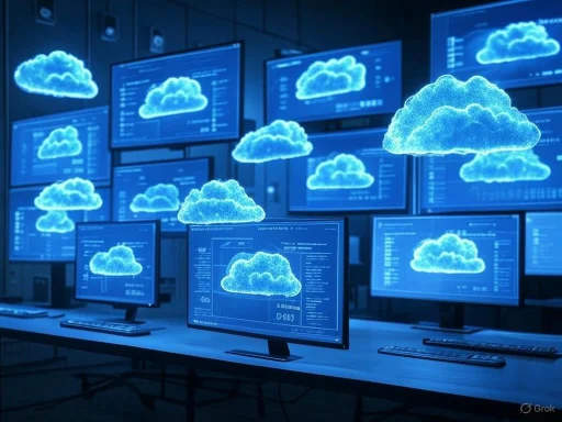 Multiple computer screens display cloud icons, representing cloud computing or data storage in a high-tech environment.