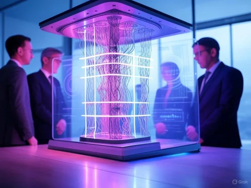 Four professionals observe a glowing, illuminated scientific or technological display in a modern office setting.