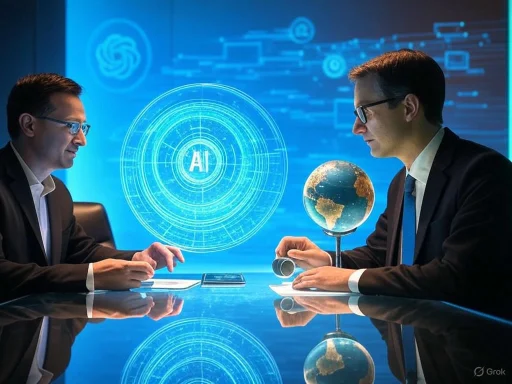Two professionals in suits discuss AI technology in a futuristic, digital environment with a globe and holograms.